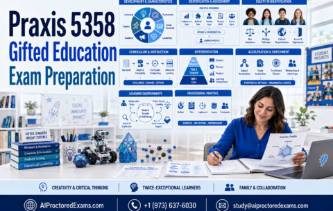 Praxis 5358 Gifted Education exam preparation featuring learner development, identification and assessment, equity, differentiation, acceleration, enrichment, twice-exceptional learners, learning environments, and professional practice.