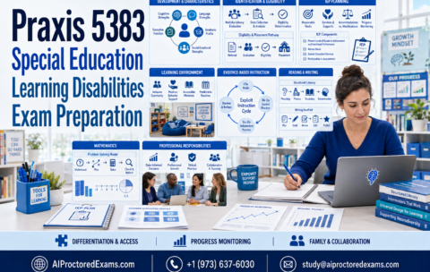 Praxis 5383 Special Education Learning Disabilities exam preparation featuring learner characteristics, identification and eligibility, IEP planning, evidence-based instruction, reading, writing, mathematics, progress monitoring, and family collaboration.