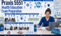 Praxis 5551 Health Education exam preparation course with blue panels covering health promotion, mental health, community advocacy, pedagogy, and assessment.
