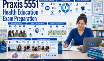 Praxis 5551 Health Education exam preparation course with blue panels covering health promotion, mental health, community advocacy, pedagogy, and assessment.