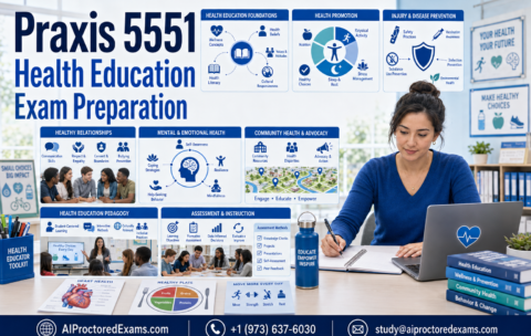 Praxis 5551 Health Education exam preparation course with blue panels covering health promotion, mental health, community advocacy, pedagogy, and assessment.