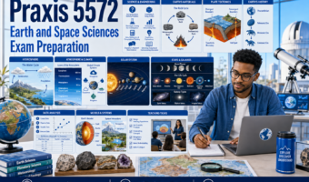 Praxis 5572 Earth and Space Sciences exam preparation in blue, featuring geology, plate tectonics, the hydrosphere, climate, astronomy, data analysis, and teaching tasks.
