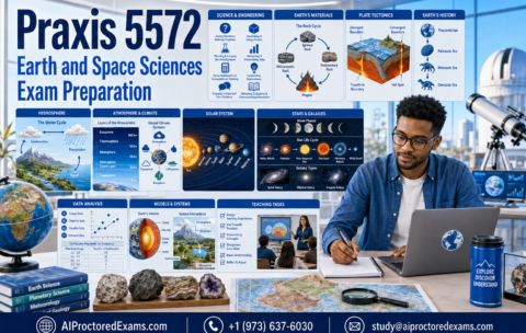 Praxis 5572 Earth and Space Sciences exam preparation in blue, featuring geology, plate tectonics, the hydrosphere, climate, astronomy, data analysis, and teaching tasks.
