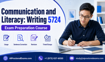 Praxis 5724 Communication and Literacy Writing exam preparation covering usage, sentence correction, revision, research skills, and timed essays