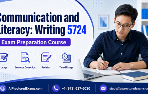 Praxis 5724 Communication and Literacy Writing exam preparation covering usage, sentence correction, revision, research skills, and timed essays