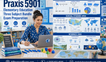 Praxis 5901 Elementary Education Three Subject Bundle exam preparation in blue, covering Mathematics 5903, Social Studies 5904, and Science 5905.
