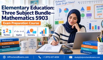 Praxis 5903 Elementary Education Three Subject Bundle Mathematics exam preparation covering numbers, algebra, geometry, measurement, and data