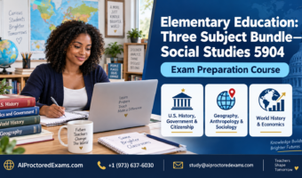 Praxis 5904 Elementary Education Three Subject Bundle Social Studies exam preparation covering U.S. history, government, geography, world history, and economics