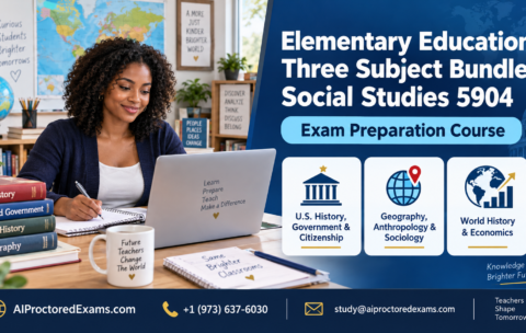 Praxis 5904 Elementary Education Three Subject Bundle Social Studies exam preparation covering U.S. history, government, geography, world history, and economics