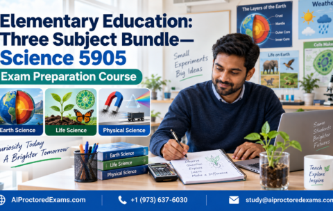 Praxis 5905 Elementary Education Three Subject Bundle Science exam preparation covering Earth Science, Life Science, and Physical Science