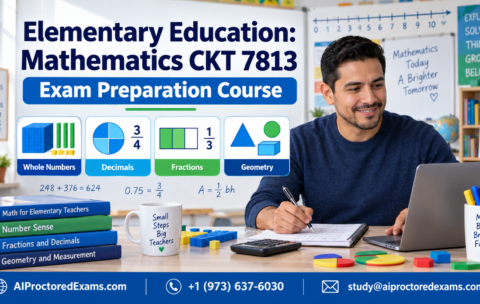 Praxis 7813 Elementary Education Mathematics CKT exam preparation covering whole numbers, decimals, fractions, and geometry