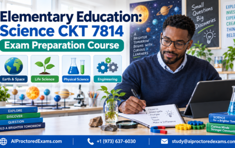 Praxis 7814 Elementary Education Science CKT exam preparation covering Earth and space, life science, physical science, and engineering