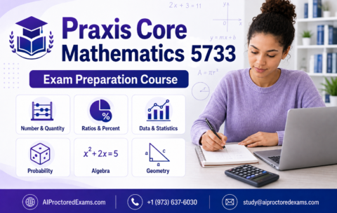 * Complete Praxis Core Mathematics 5733 digital study guide * Lessons covering Number and Quantity, Data and Statistics, Probability, Algebra, and Geometry * Praxis-style selected-response and numeric-entry practice questions * Detailed answer explanations and step-by-step mathematical solutions * Fractions, decimals, percentages, ratios, proportions, and measurement practice sets * Tables, graphs, charts, statistics, and probability interpretation exercises * Algebraic expressions, equations, patterns, functions, and word-problem activities * Geometry, measurement, coordinate-plane, area, perimeter, and volume exercises * Formula sheets, quick-reference summaries, and four-function calculator guidance * Full-length timed practice tests, diagnostic quizzes, study schedule, and progress tracker