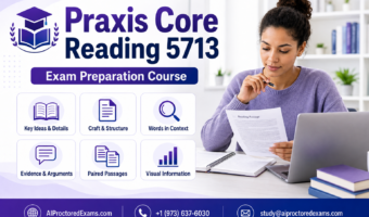 Praxis Core Reading 5713 exam preparation covering comprehension, passage analysis, evidence, paired texts and reading strategies