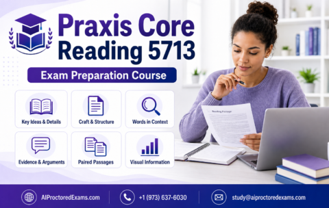 Praxis Core Reading 5713 exam preparation covering comprehension, passage analysis, evidence, paired texts and reading strategies
