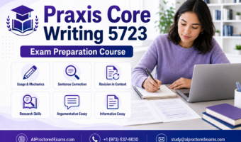 Praxis Core Writing 5723 exam preparation covering grammar, sentence correction, research skills and timed essay writing