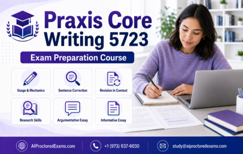 Praxis Core Writing 5723 exam preparation covering grammar, sentence correction, research skills and timed essay writing